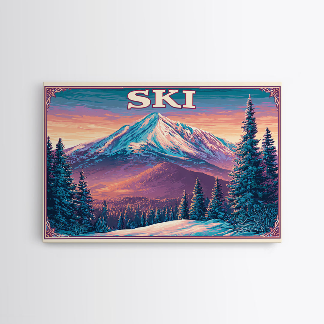 Retro Ski Poster Mountain Scene Framed Canvas Print, Retro Art, Fine Art Print, Living Room Decor, Fine Art, Retro, Wall Decor, RET-3x2-100