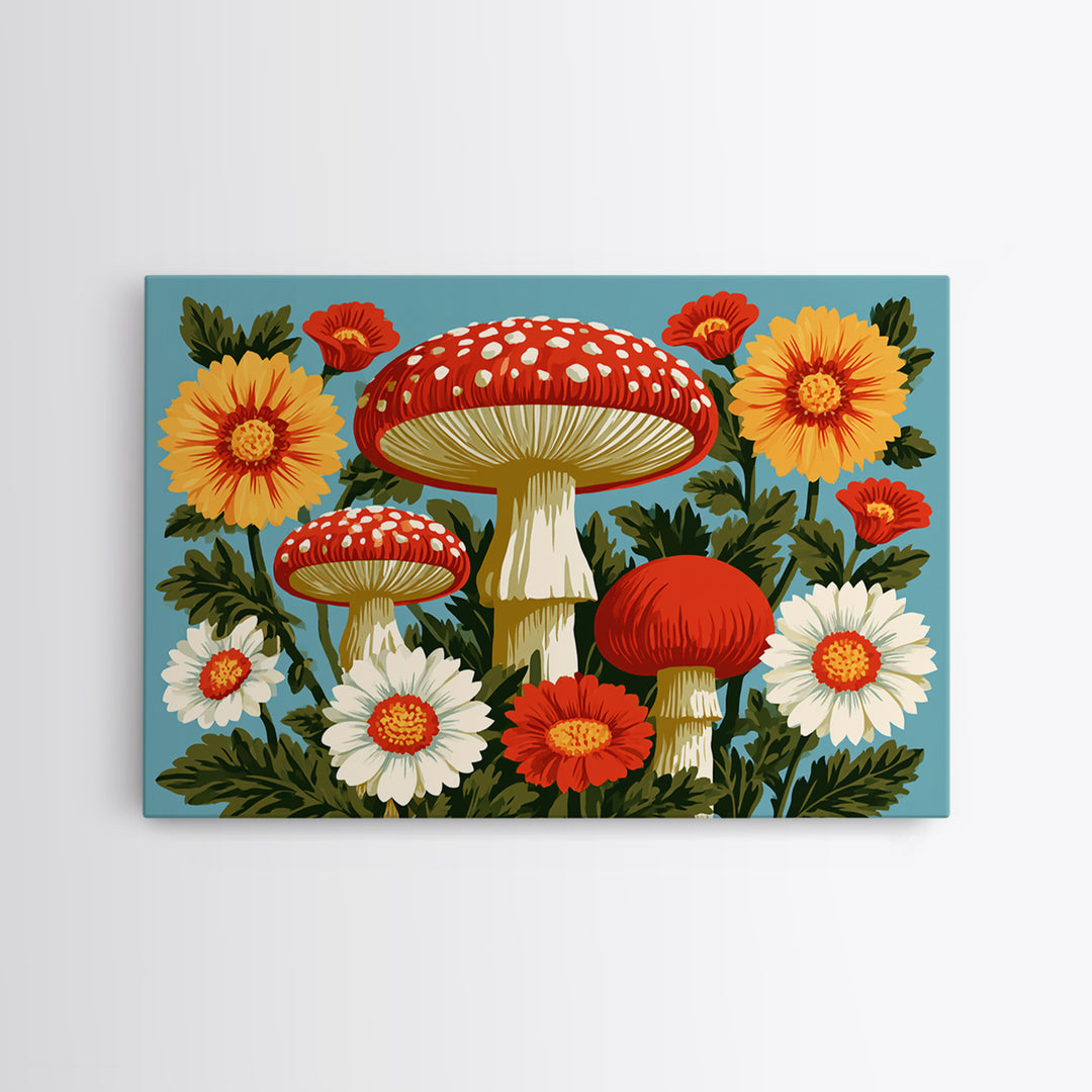 Funky Mushroom and Flower Pattern Framed Canvas Print, Retro Art, Abstract Wall Art, Living Room Decor, Fine Art, Retro, RET-3x2-27