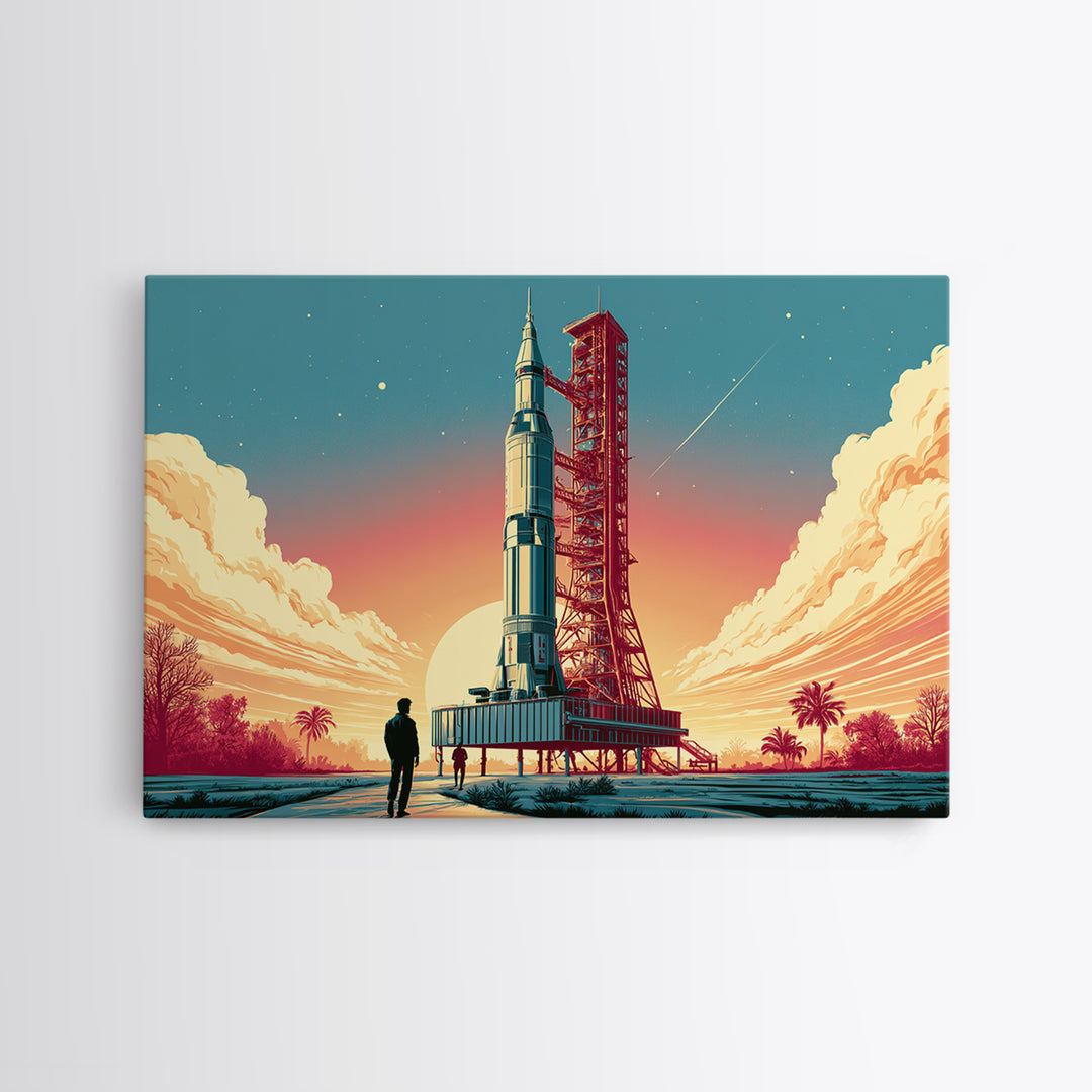 Space Age Rocket Poster Scene Framed Canvas Print, Retro Art, Art Print, Living Room Decor, Fine Art, Retro, Printable Wall Art, RET-3x2-59