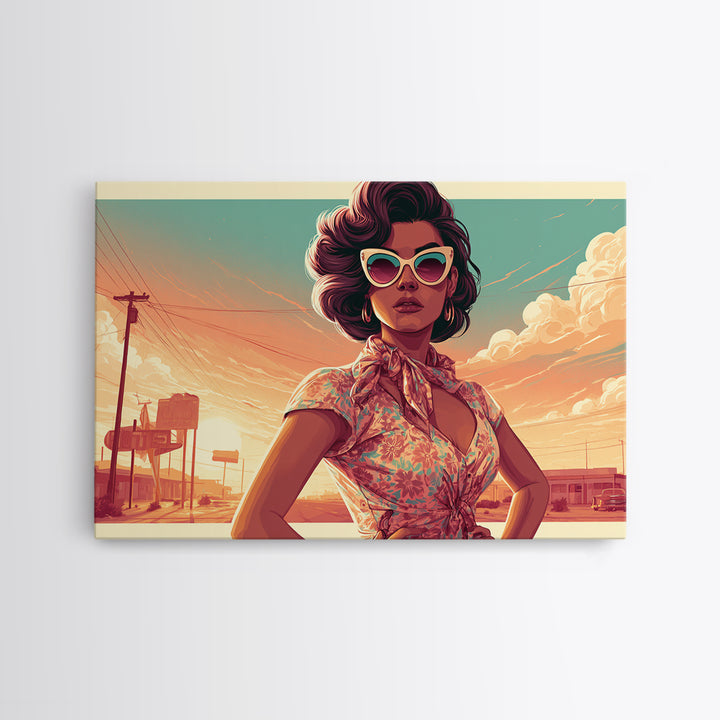 Mod Woman in Sunglasses and Scarf Framed Canvas Print, Retro Art, Floral Wall Art, Living Room Decor, Fine Art, Retro, RET-3x2-60