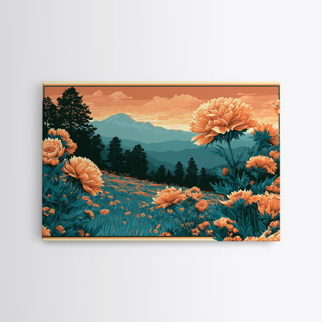 Retro Floral Pattern Framed Canvas Print, Retro Art, Movie Poster, Living Room Decor, Oil Painting, Retro, Wall Art Print, RET-3x2-63