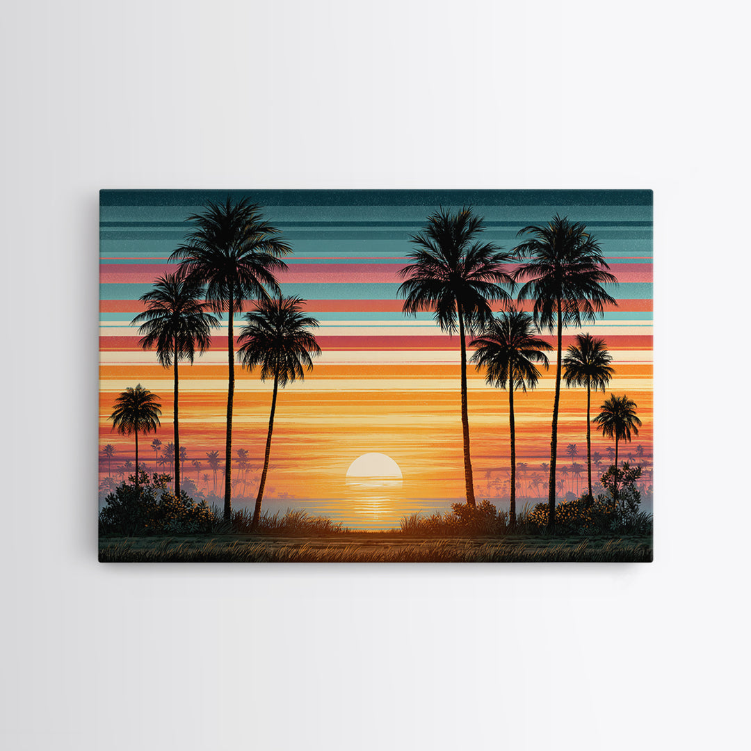 70s Sunset Stripes Framed Canvas Print, Retro Art, Bedroom Wall Art, Living Room Decor, Watercolor Art, Retro, Art Print, RET-3x2-79