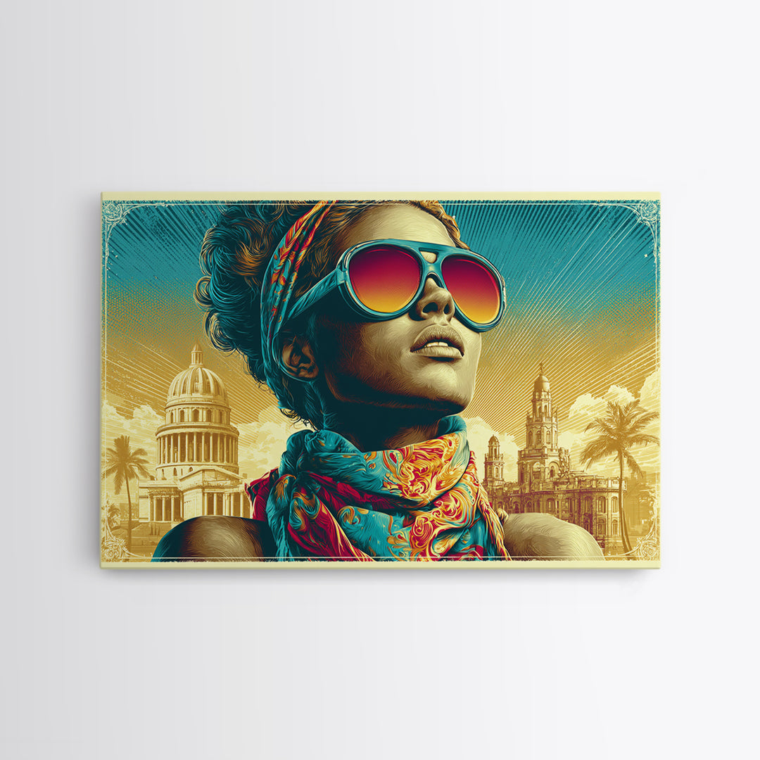 Mod Woman in Sunglasses and Scarf Canvas Print, Retro Art, Boho Decor, Living Room Decor, Retro, Posters, Digital Prints, RET-3x2-84