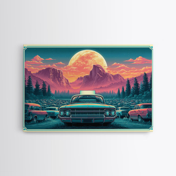 Drive in Movie Scene with Moonlit Cars Framed Canvas Print, Retro Art, Luxury Decor, Living Room Decor, Fine Art, Retro, RET-3x2-92