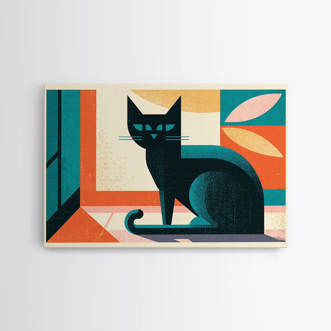 Mid Century Cat Framed Canvas Print, Retro Art, Floral Wall Art, Living Room Decor, Abstract Art, Retro, Minimalist Decor, RET-3x2-97