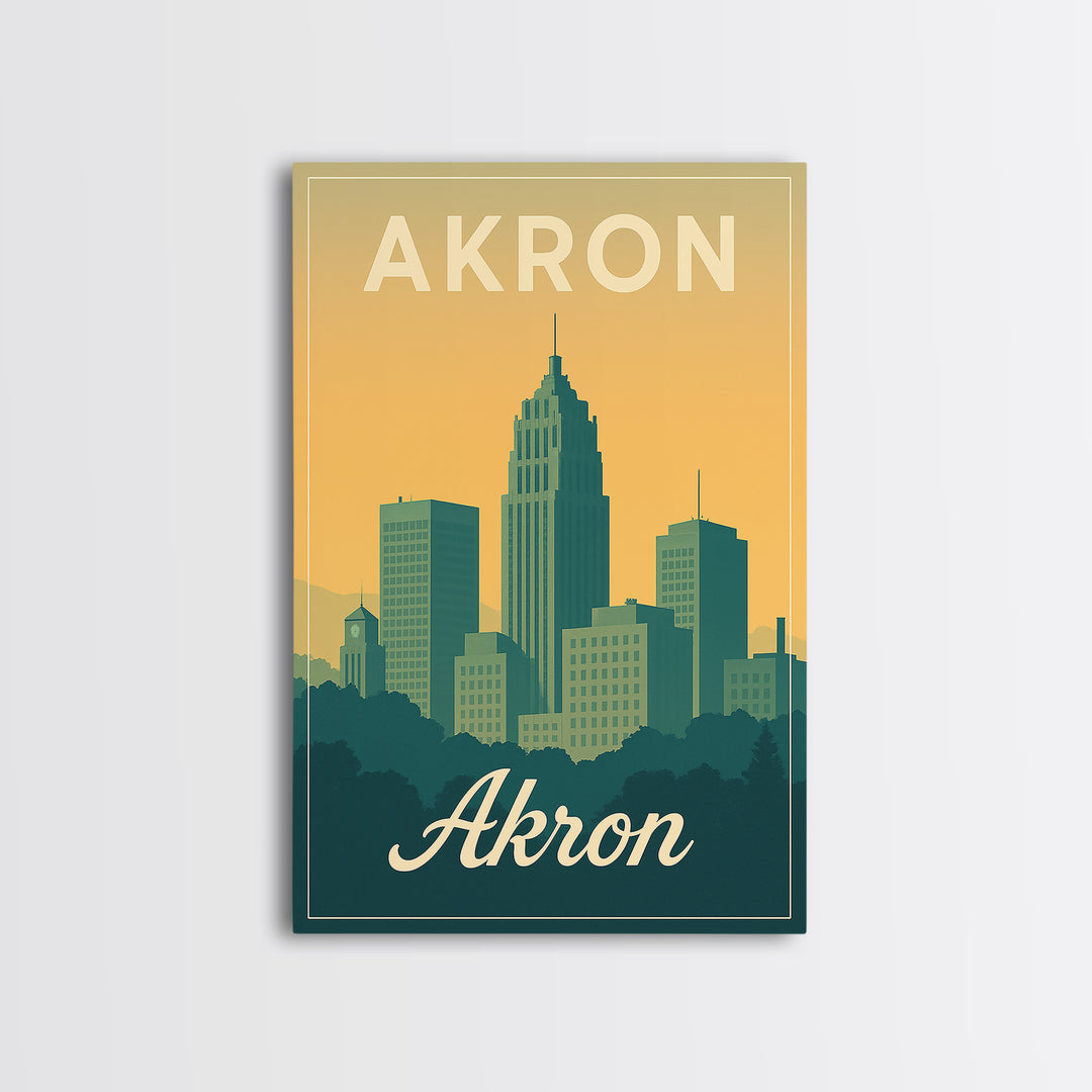 Akron Ohio Travel Poster, Canvas Print, Retro Sunset Skyline Art, Akron Travel Art, Fine Art Print, Mid Century Wall Art, Travel Decor