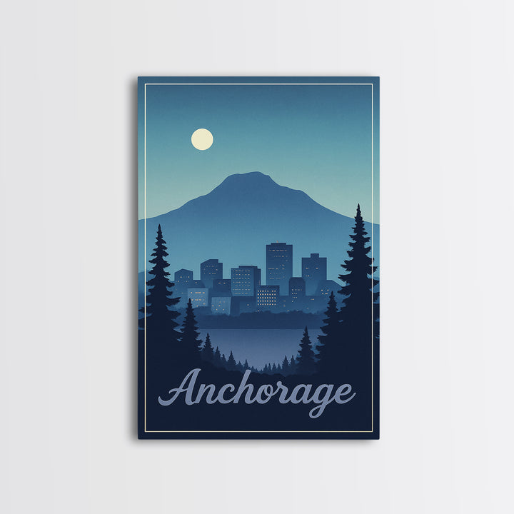 Anchorage Travel Poster, Framed Canvas Print, Retro Sunset Skyline Art, Anchorage City Art, Travel Poster Art, Travel Wall Decor
