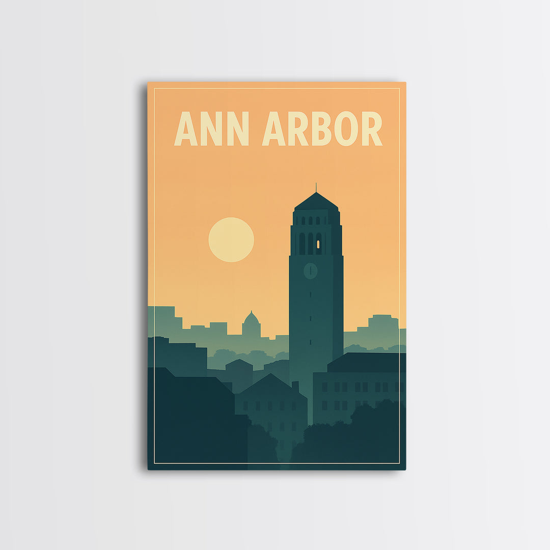 Ann Arbor Travel Poster, Framed Canvas Print, Retro Sunset Skyline Art, Ann Arbor Art Print, Travel Wall Art, City Art Print, Home Decor