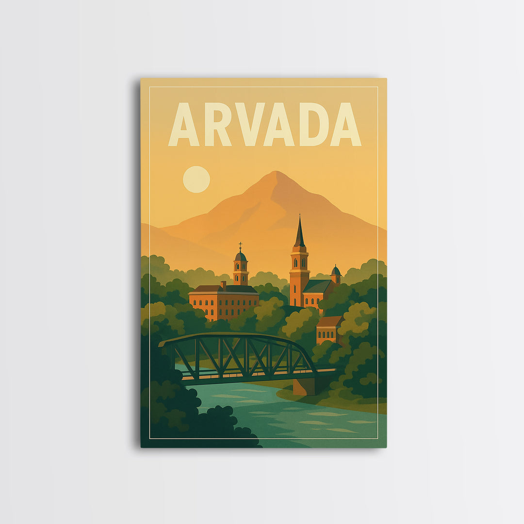 Arvada Travel Poster, Canvas Print, Mid Century City Wall Art, Arvada Poster Print, City Art Print, Wall Decor, Watercolor City Skyline
