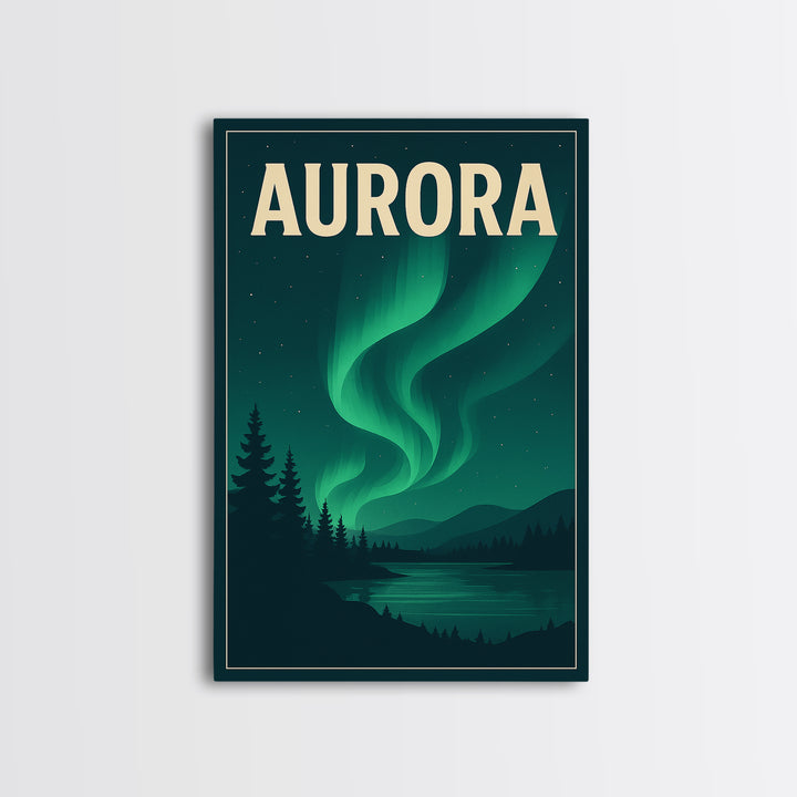 Aurora Travel Poster, Framed Canvas Print, Retro Sunset Skyline Art, Aurora Art Print, City Illustration, Vintage City Poster, Design 2