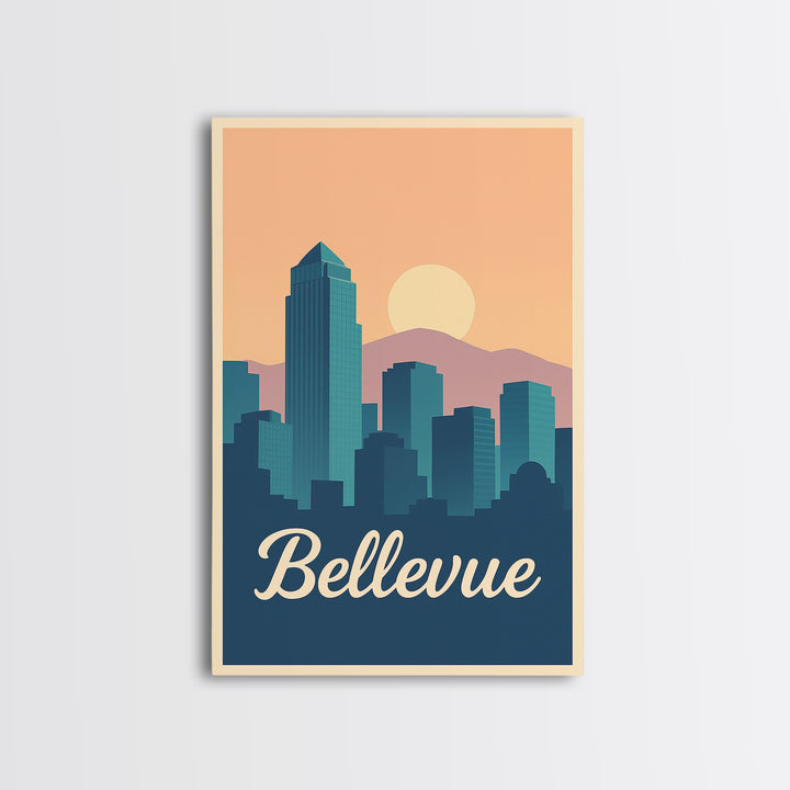 Bellevue Washington Travel Poster, Canvas Print, Retro Sunset Skyline Art, Bellevue Poster Print, Retro Travel Print, Art Print, Poster Art