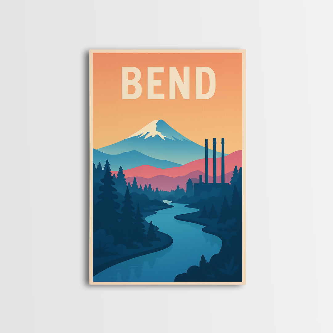 Bend Travel Poster, Canvas Print, Classic Travel Poster Art, Bend Travel Art, City Art Print, Fine Art Print, City Illustration