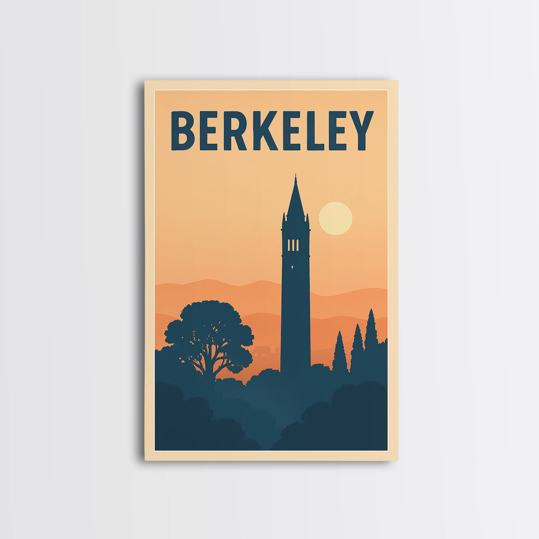 Berkeley Travel Poster, Framed Canvas Print, Retro Sunset Skyline Art, Berkeley Poster Print, Travel Wall Decor, Watercolor Urban Skyline