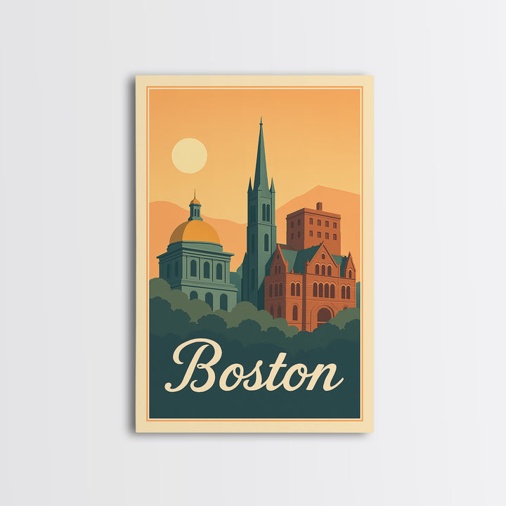 Boston Massachusetts Travel Poster, Framed Canvas Print, Retro Sunset Skyline Art, Boston Art Print, Mid Century Wall Art, City Illustration
