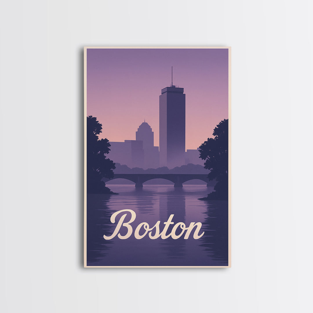 Boston Travel Poster, Canvas Print, Retro Sunset Skyline Art, Boston Travel Art, Living Room Wall Art, Vintage Travel Print, Travel Gift