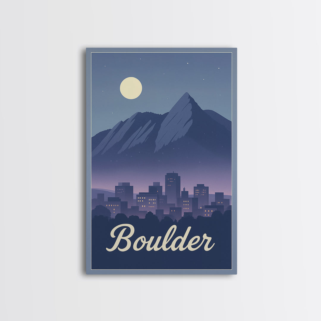 Boulder Travel Poster, Framed Canvas Print, Retro Sunset Skyline Art, Boulder Wall Art, Gift For Travelers, Modern Wall Decor, Wall Art