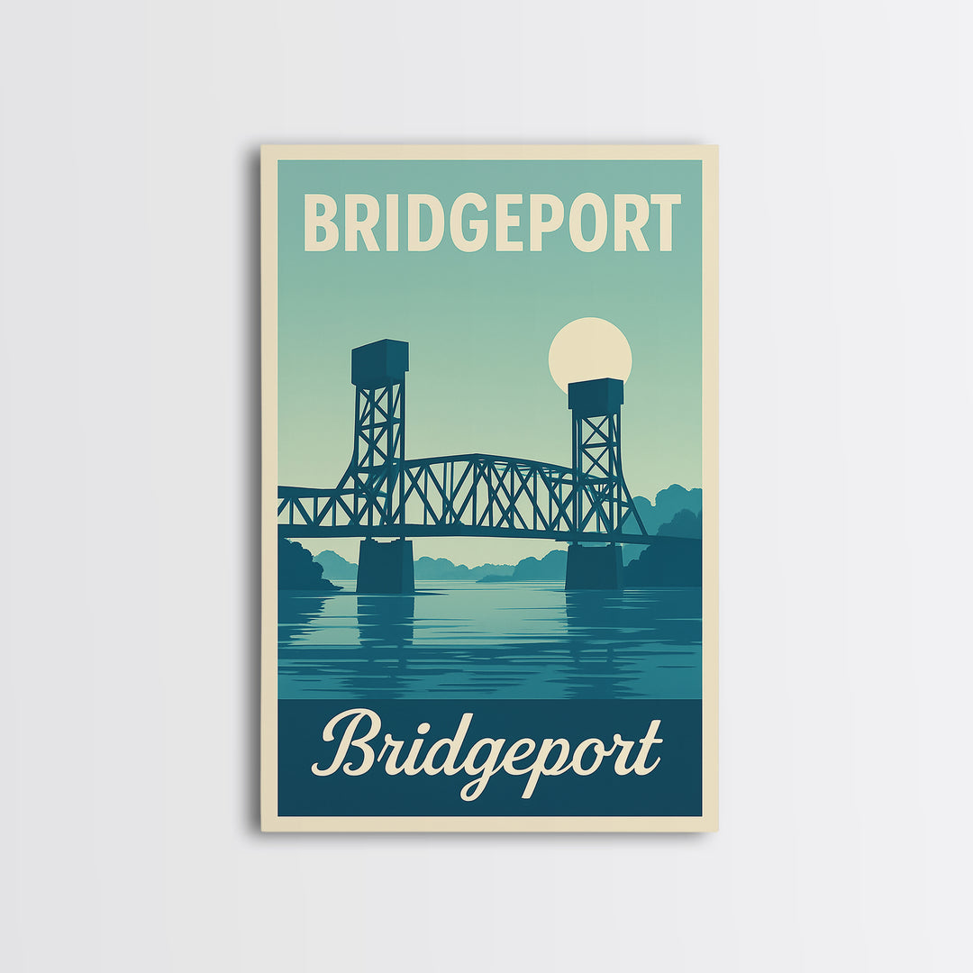 Bridgeport Connecticut Travel Poster, Canvas Print, Retro Sunset Skyline Art, Bridgeport Wall Art, City Travel Prints, Travel Poster Art
