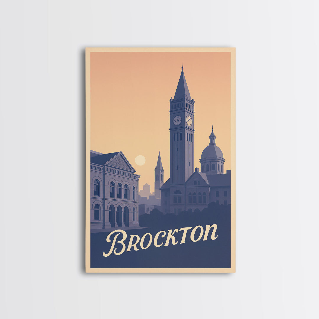 Brockton Travel Poster, Framed Canvas Print, Classic Travel Poster Art, Brockton Wall Art, Watercolor Urban Skyline, Fine Art Print
