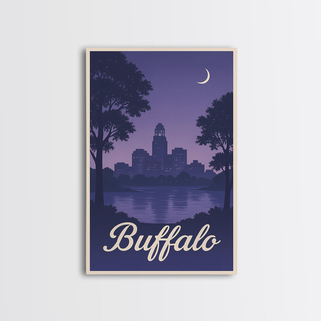 Buffalo Travel Poster, Framed Canvas Print, Retro Sunset Skyline Art, Buffalo Travel Art, City Illustration, Travel Art Print, Design 2