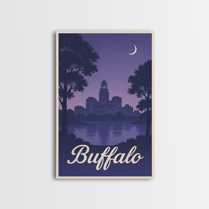 Buffalo Travel Poster, Framed Canvas Print, Retro Sunset Skyline Art, Buffalo Travel Art, City Illustration, Travel Art Print, Design 2