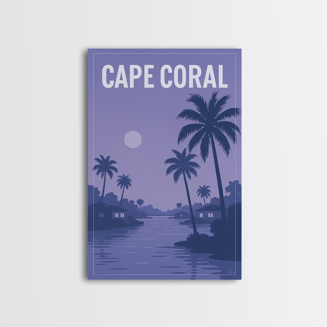 Cape Coral Florida Travel Poster, Framed Canvas Print, Retro Sunset Skyline Art, Cape Coral City Art, Fine Art Print, Mid Century Wall Art