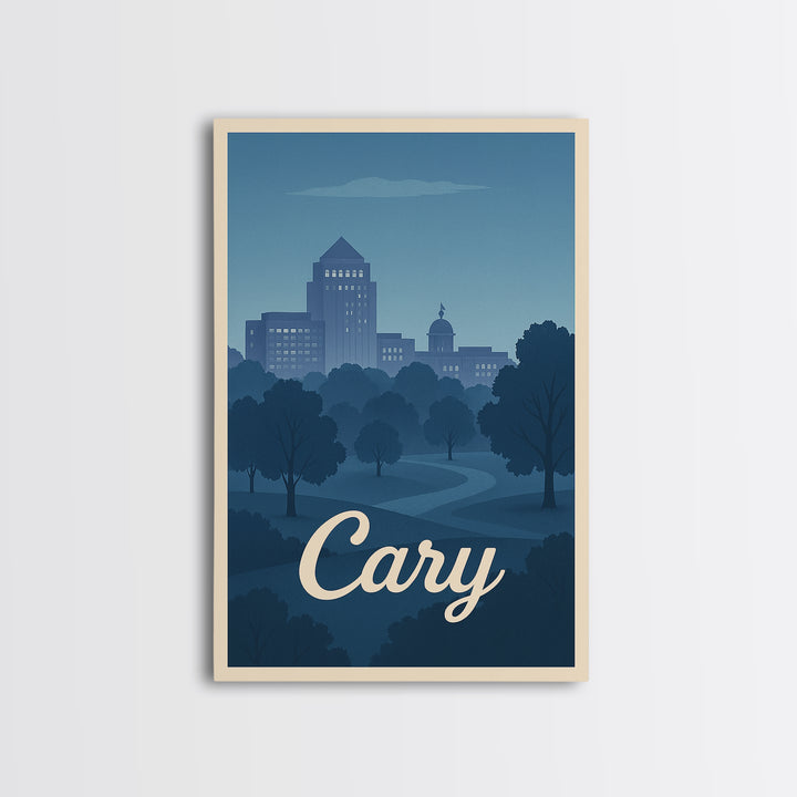 Cary Travel Poster, Framed Canvas Print, Mid Century City Wall Art, Cary Wall Art, Vintage Travel Print, Vintage City Art, City Poster