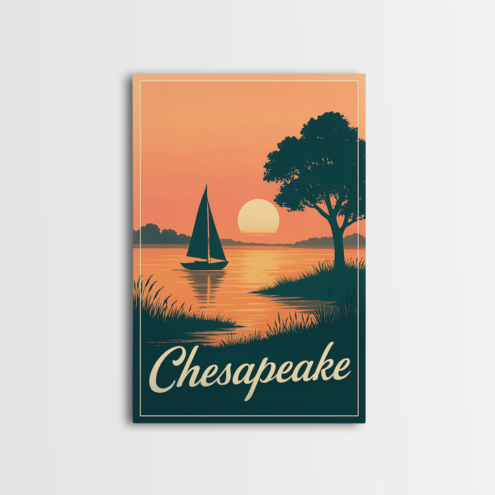 Chesapeake Virginia Travel Poster, Canvas Print, Retro Sunset Skyline Art, Chesapeake Poster Print, Vintage Travel Print, Travel Wall Art