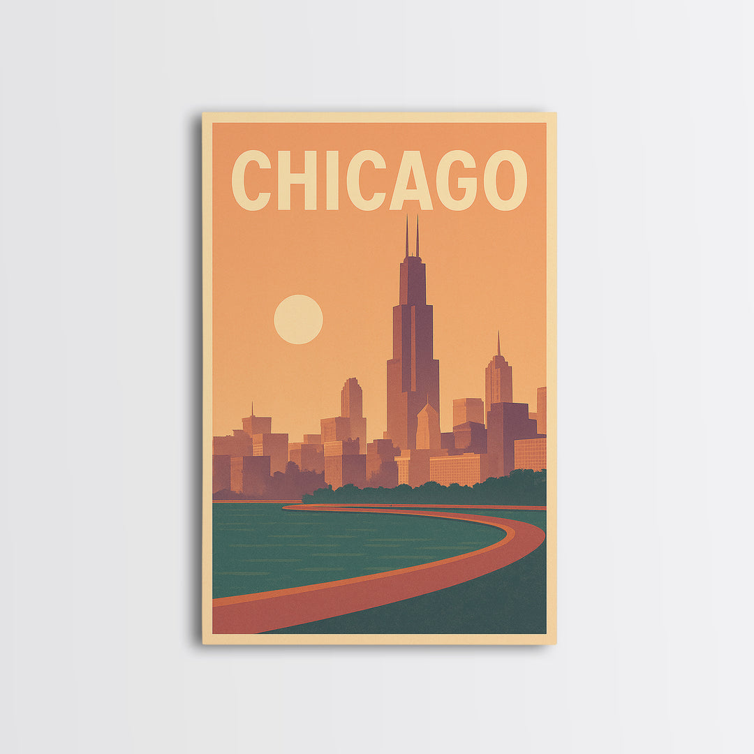 Chicago Illinois Travel Poster, Framed Canvas Print, Retro Sunset Skyline Art, Chicago Travel Art, Retro Travel Print, Home Office Decor