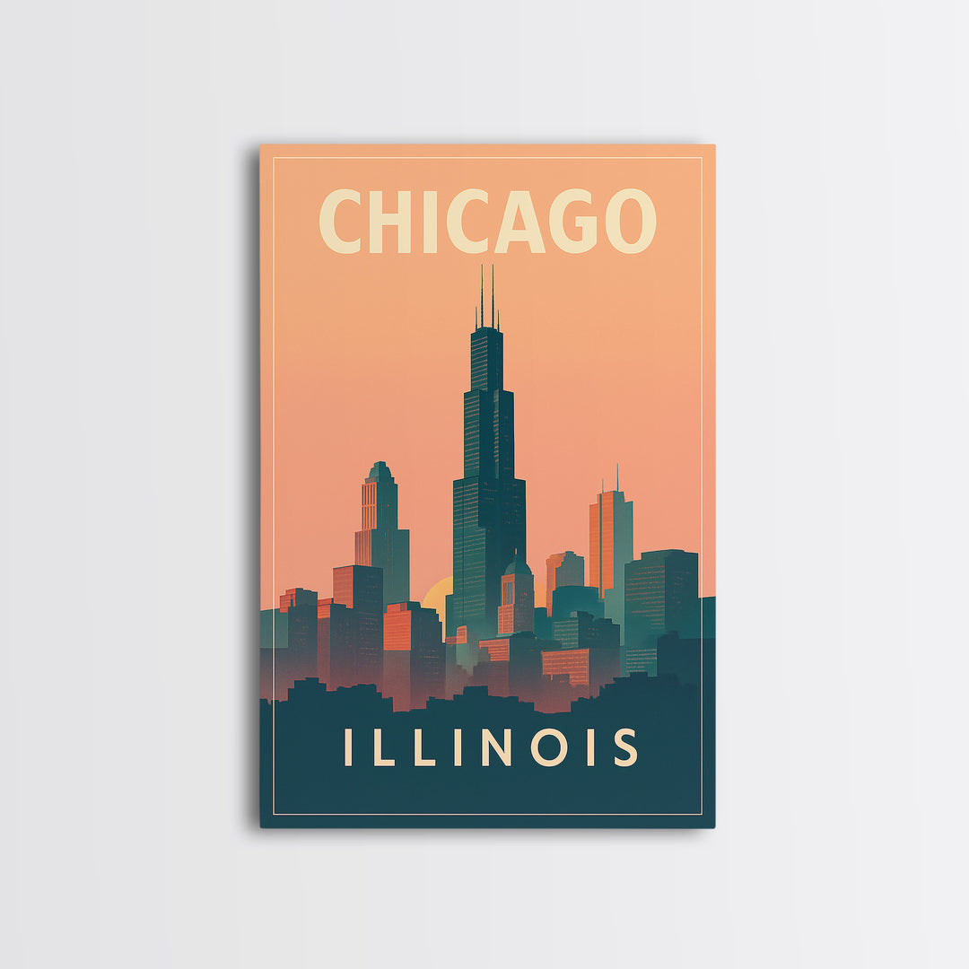 Chicago Travel Poster, Framed Canvas Print, Classic Travel Poster Art, Chicago Wall Art, Vintage City Poster, Mid Century Wall Art