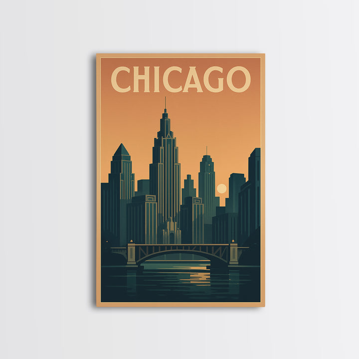 Chicago Travel Poster, Framed Canvas Print, Retro Sunset Skyline Art, Chicago Poster Print, Travel Poster Set, Vintage City Poster