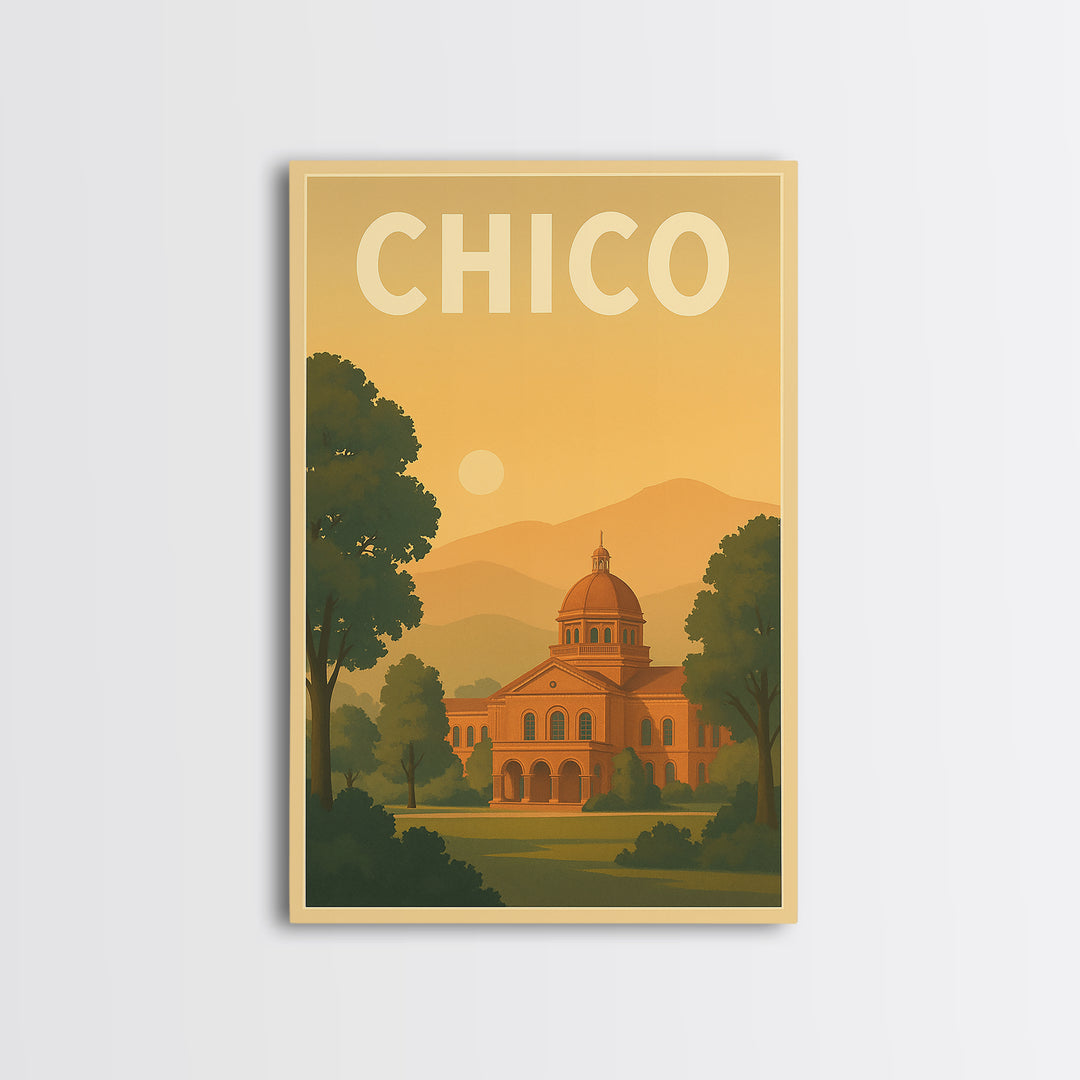Chico Travel Poster, Framed Canvas Print, Mid Century City Wall Art, Chico Poster Print, City Illustration, Travel Poster Set, Design 2
