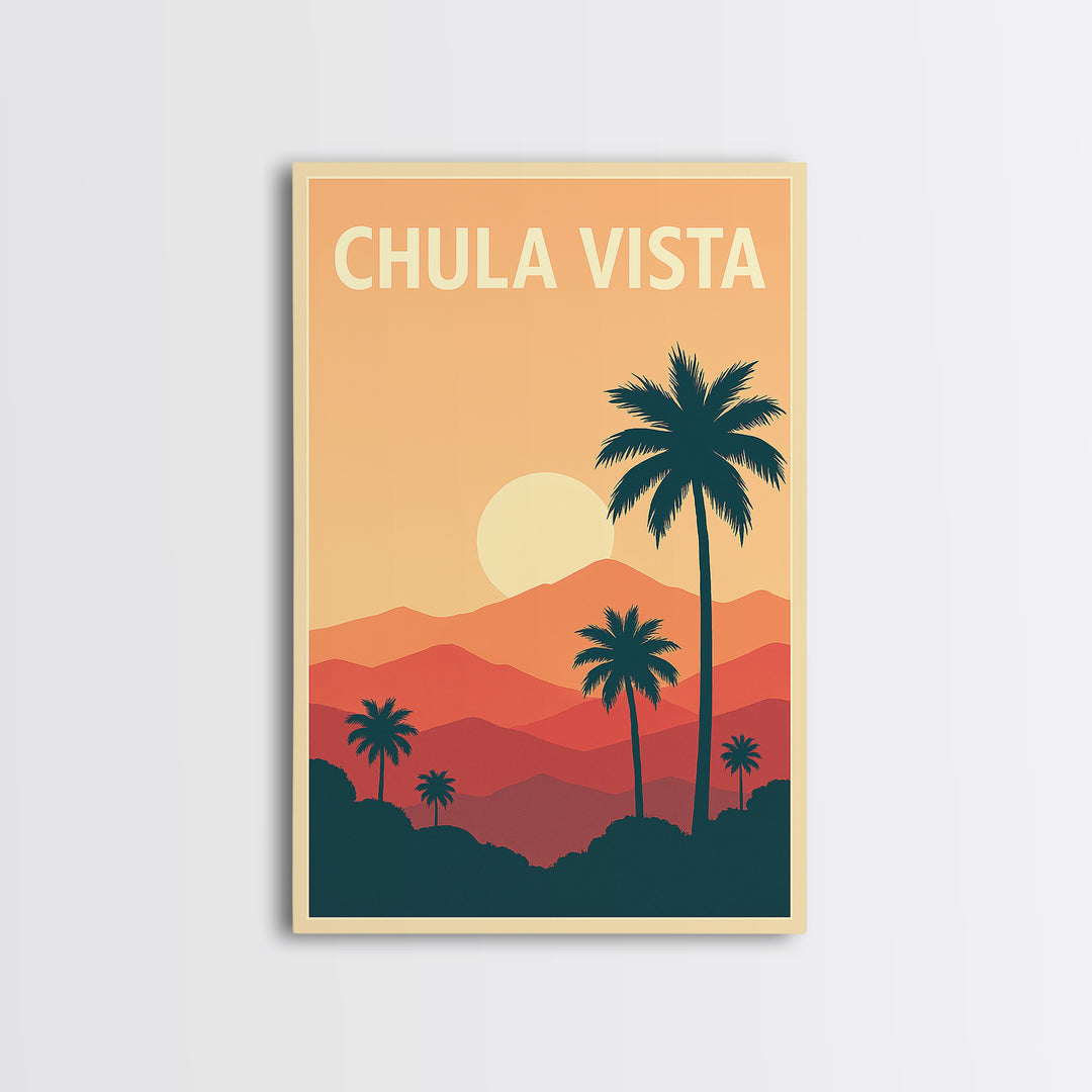 Chula Vista Travel Poster, Framed Canvas Print, Retro Sunset Skyline Art, Chula Vista Poster Print, Vintage City Poster, City Art Print