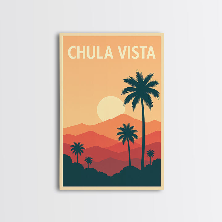Chula Vista Travel Poster, Framed Canvas Print, Retro Sunset Skyline Art, Chula Vista Poster Print, Vintage City Poster, City Art Print