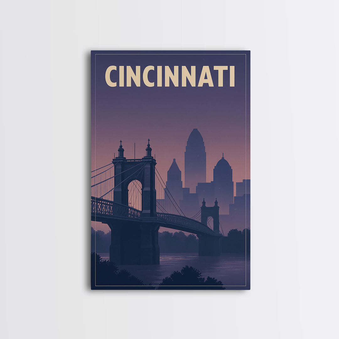 Cincinnati Ohio Travel Poster, Framed Canvas Print, Classic Travel Poster Art, Cincinnati Wall Art, Mid Century Wall Art, Travel Poster Set