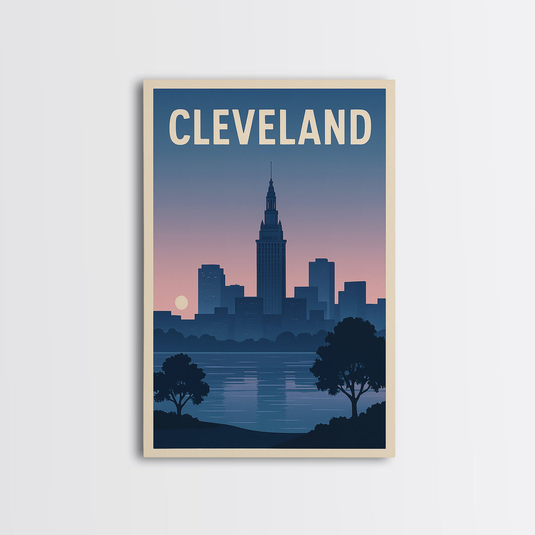 Cleveland Travel Poster, Framed Canvas Print, Mid Century City Wall Art, Cleveland City Art, City Illustration, Modern Wall Decor