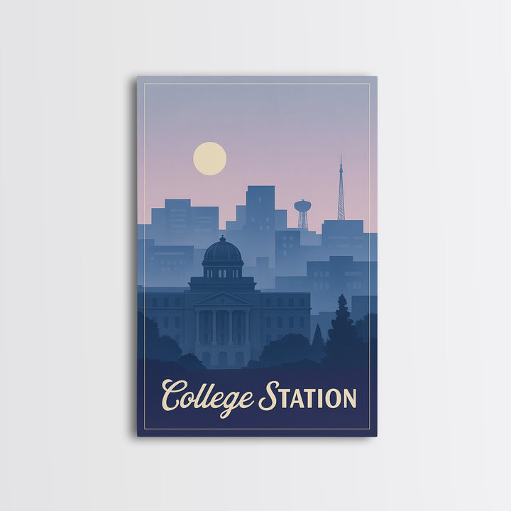 College Station Travel Poster, Framed Canvas Print, Retro Sunset Skyline Art, College Station City Art, Home Office Decor, Travel Art Print