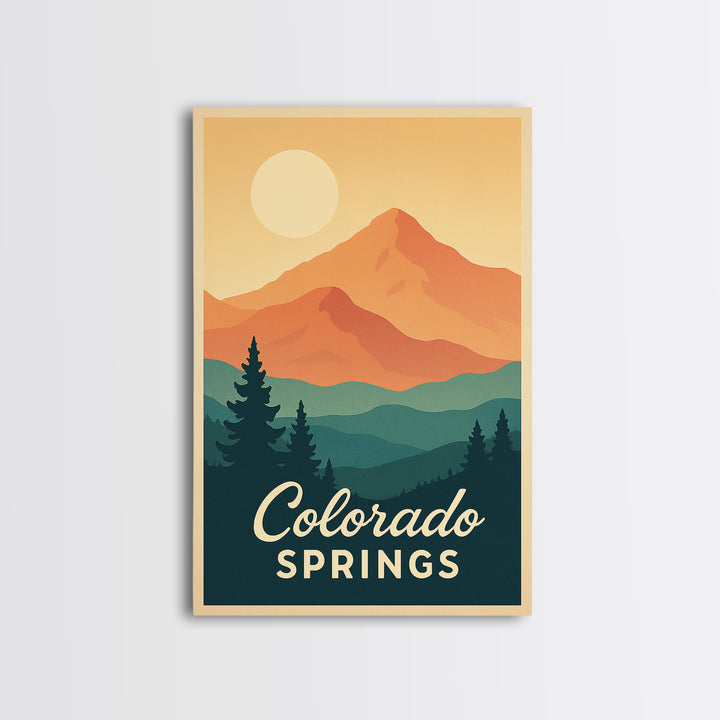 Colorado Springs Colorado Travel Poster, Framed Canvas Print, Retro Sunset Skyline Art, Colorado Springs Travel Art, Living Room Wall Art