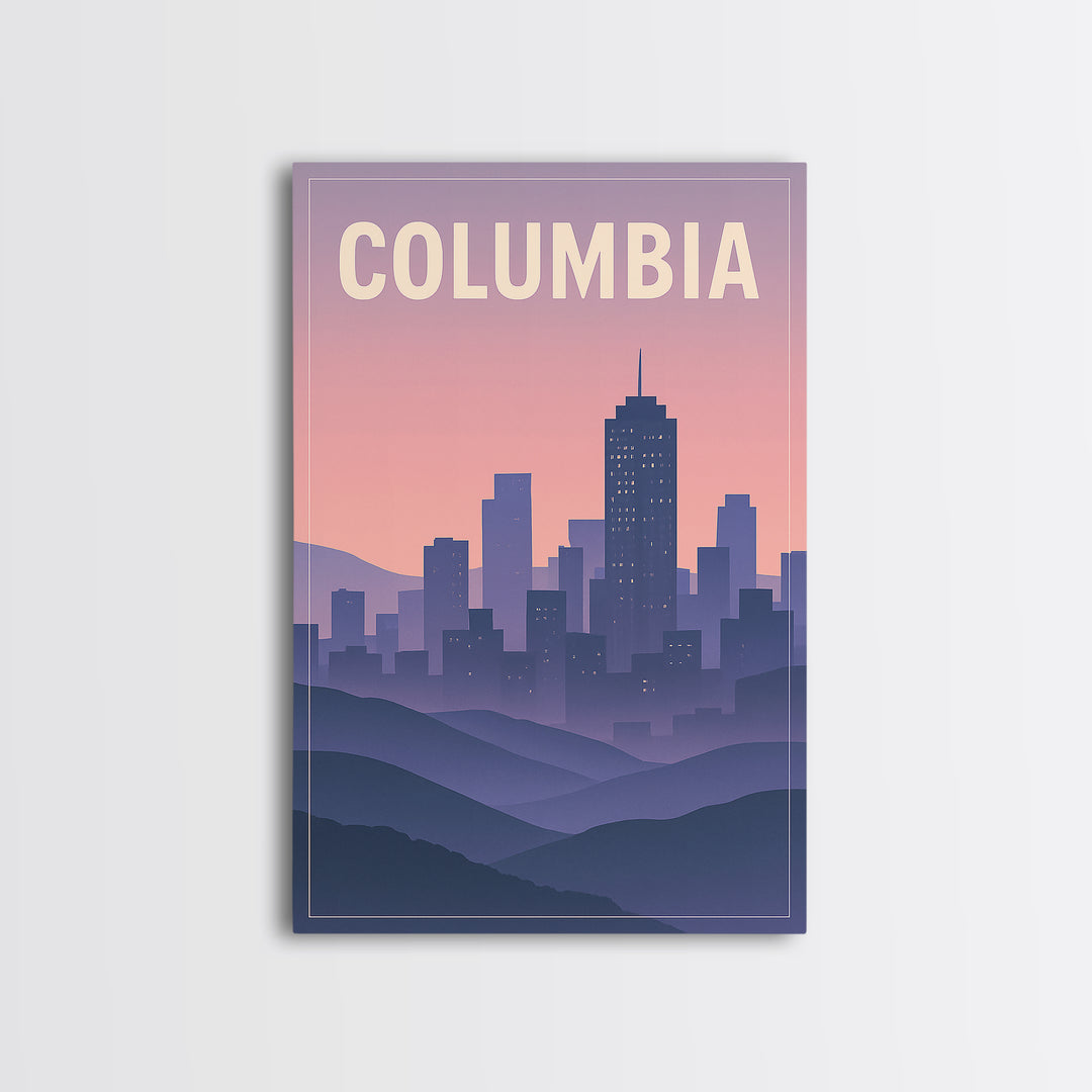 Columbia South Carolina Travel Poster, Canvas Print, Retro Sunset Skyline Art, Columbia City Art, Watercolor Skyline, Gift For Travelers