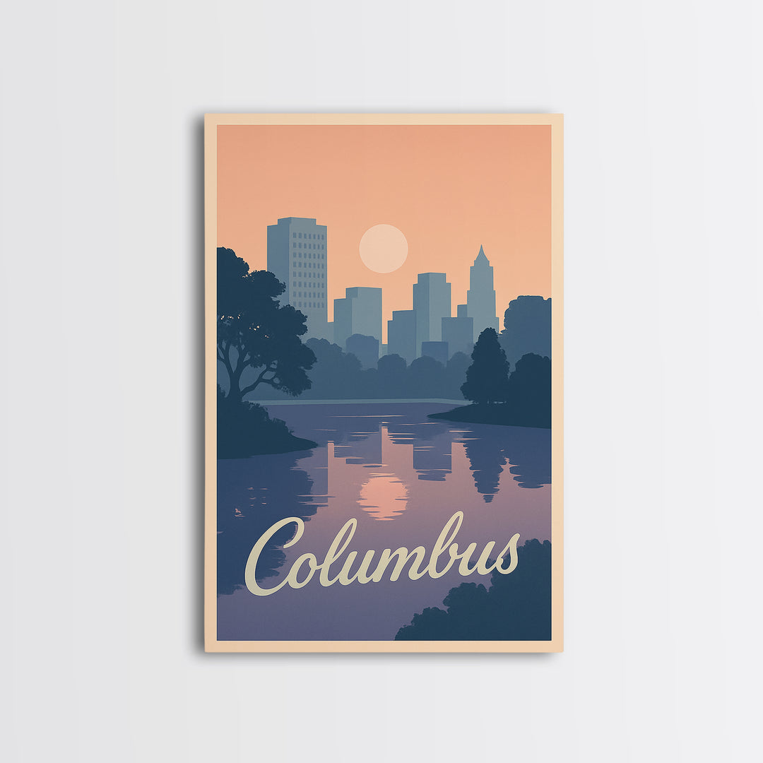 Columbus Travel Poster, Framed Canvas Print, Retro Sunset Skyline Art, Columbus Wall Art, Modern Wall Decor, Retro Travel Print