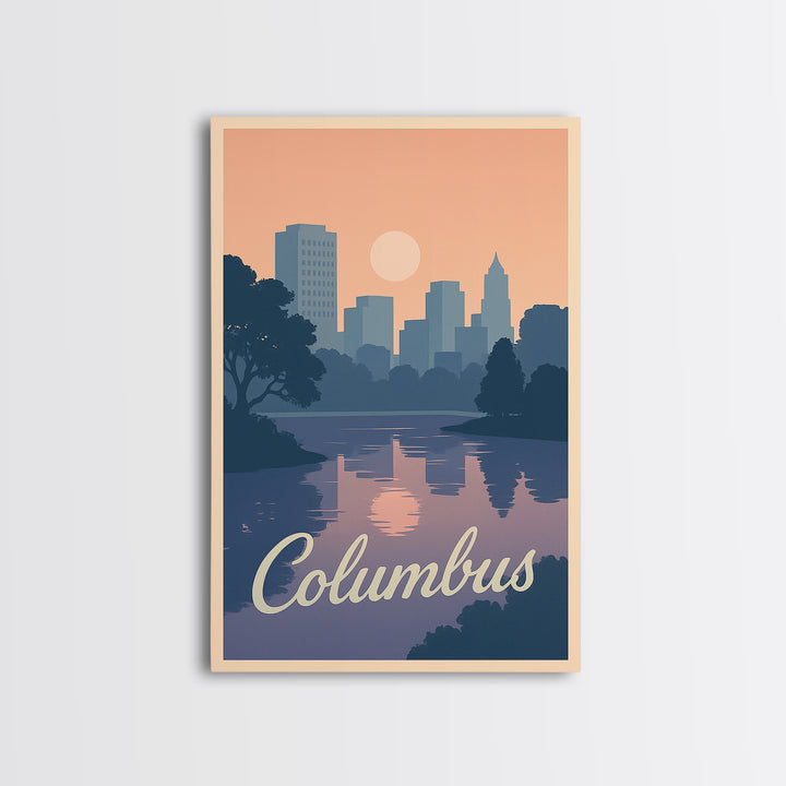 Columbus Travel Poster, Framed Canvas Print, Retro Sunset Skyline Art, Columbus Wall Art, Modern Wall Decor, Retro Travel Print