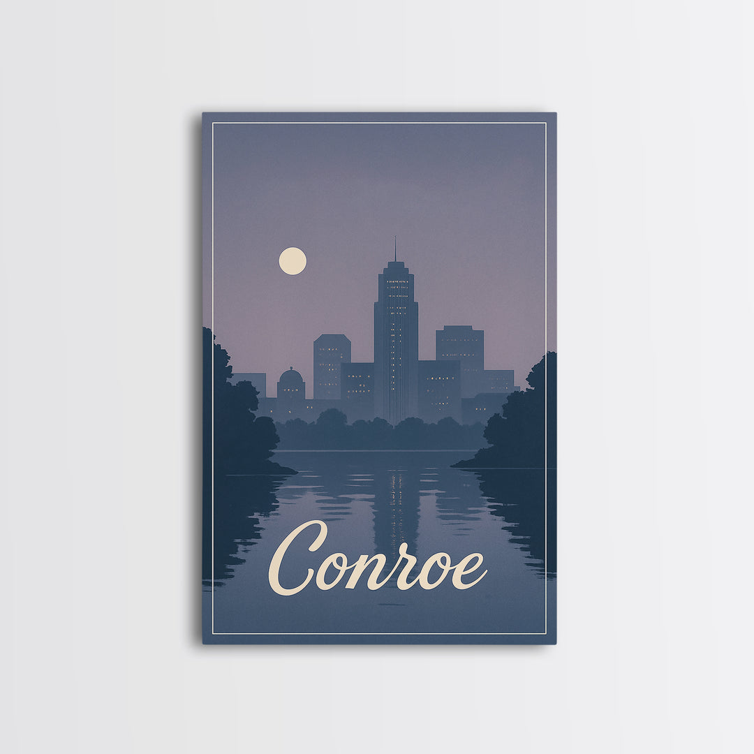Conroe Travel Poster, Framed Canvas Print, Mid Century City Wall Art, Conroe Travel Art, Living Room Wall Art, Vintage City Poster