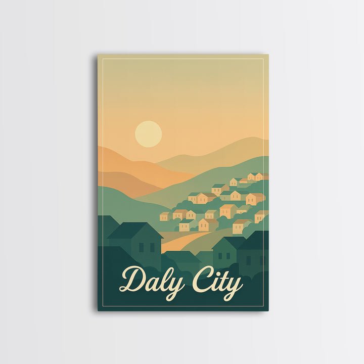 Daly City California Travel Poster, Canvas Print, Retro Sunset Skyline Art, Daly City Art Print, Gift For Travelers, Living Room Wall Art
