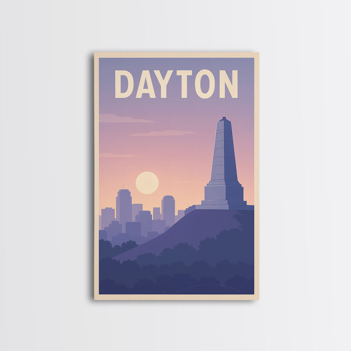 Dayton Ohio Travel Poster, Framed Canvas Print, Mid Century City Wall Art, Dayton Poster Print, Watercolor City Skyline, Retro Travel Print