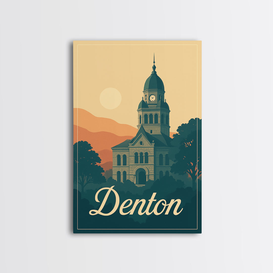 Denton Texas Travel Poster, Canvas Print, Retro Sunset Skyline Art, Denton Travel Art, Travel Poster Set, Wanderlust Decor, City Poster
