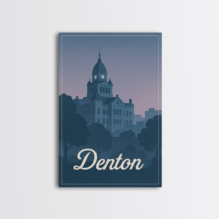 Denton Travel Poster, Framed Canvas Print, Retro Sunset Skyline Art, Denton Poster Print, Vintage Travel Art, City Travel Prints
