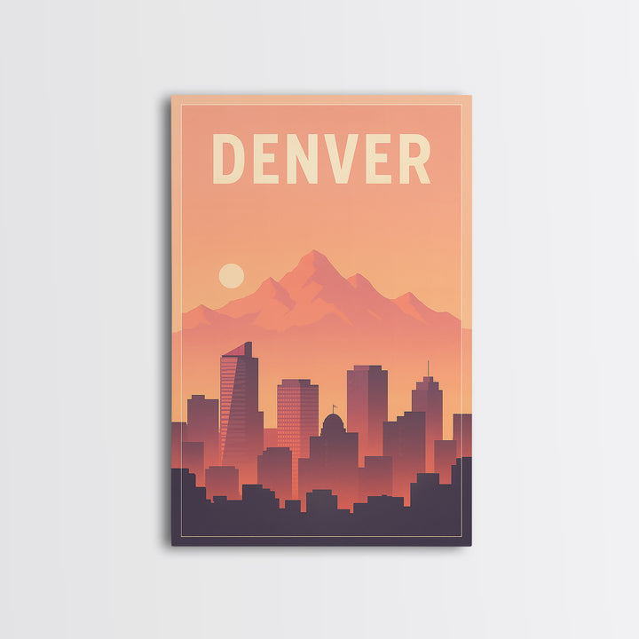 Denver Travel Poster, Framed Canvas Print, Retro Sunset Skyline Art, Denver Poster Print, Travel Poster Set, Travel Art Print, Wall Art