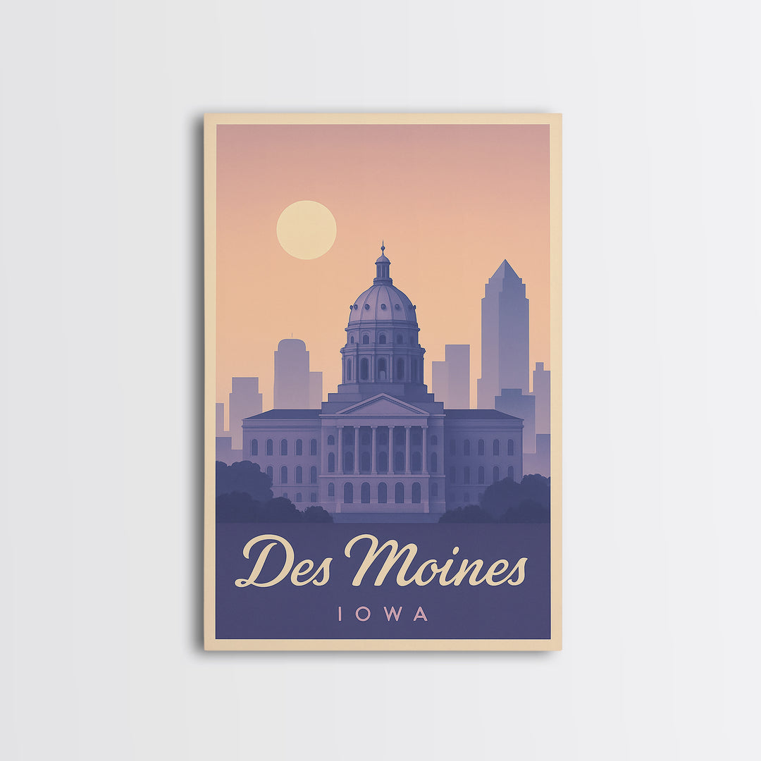Des Moines Travel Poster, Framed Canvas Print, Retro Sunset Skyline Art, Des Moines Art Print, Vintage Travel Art, City Art Print