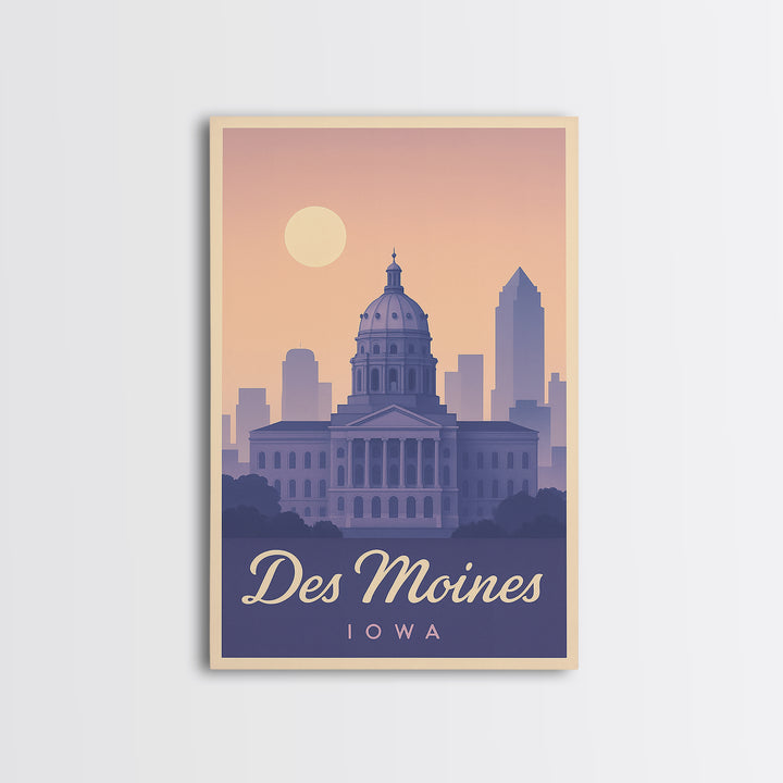 Des Moines Travel Poster, Framed Canvas Print, Retro Sunset Skyline Art, Des Moines Art Print, Vintage Travel Art, City Art Print