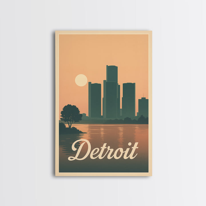 Detroit Travel Poster, Canvas Print, Retro Sunset Skyline Art, Detroit Poster Print, Home Office Decor, Travel Wall Decor, Travel Art Print