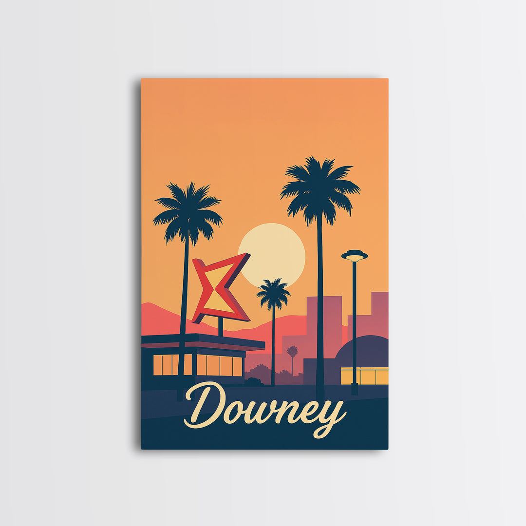 Downey California Travel Poster, Canvas Print, Retro Sunset Skyline Art, Downey City Art, Wanderlust Decor, Living Room Wall Art, Wall Art